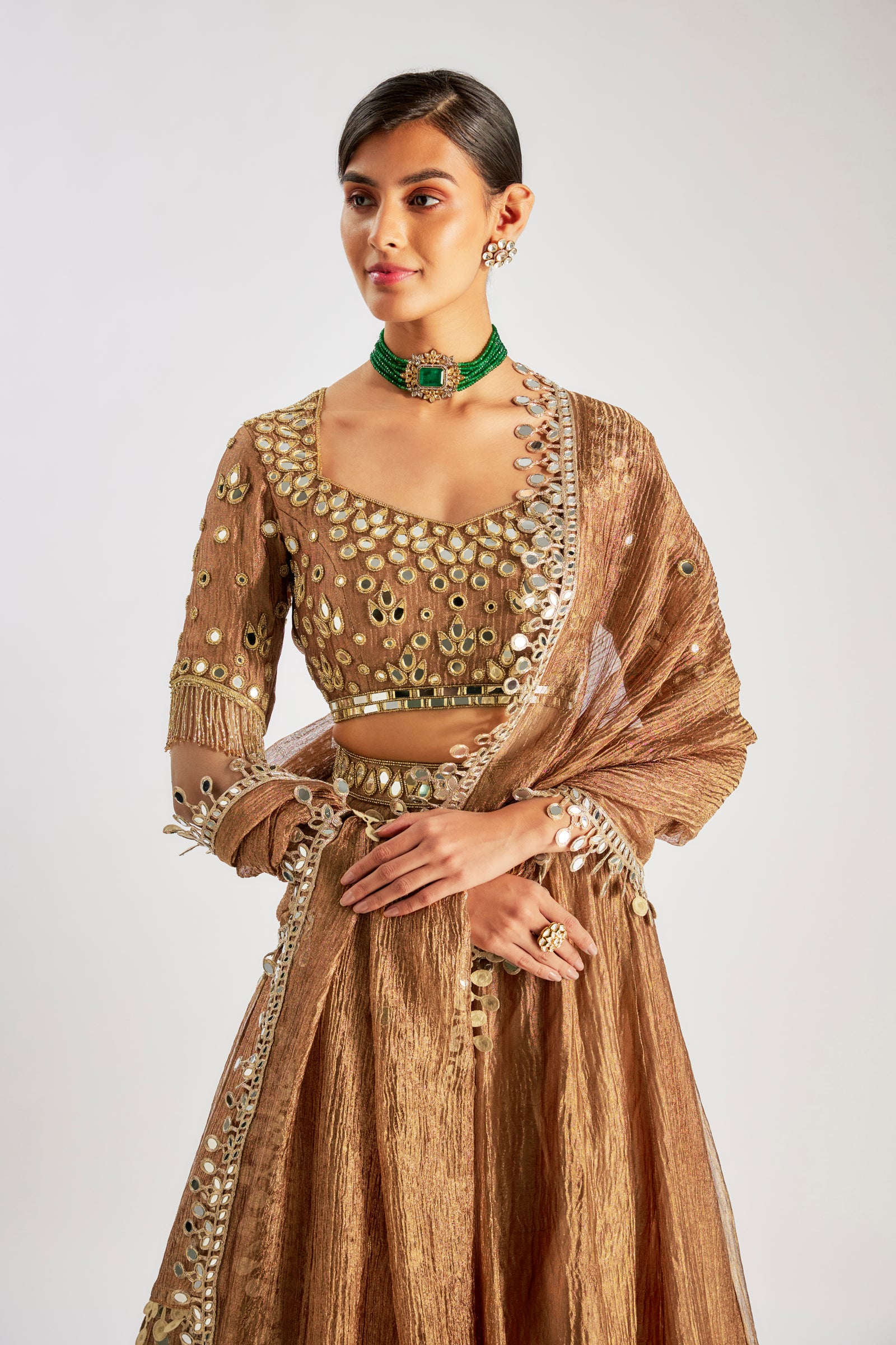 Gold Lehenga In Crushed Silk Tissue Base With Hand Embroidery