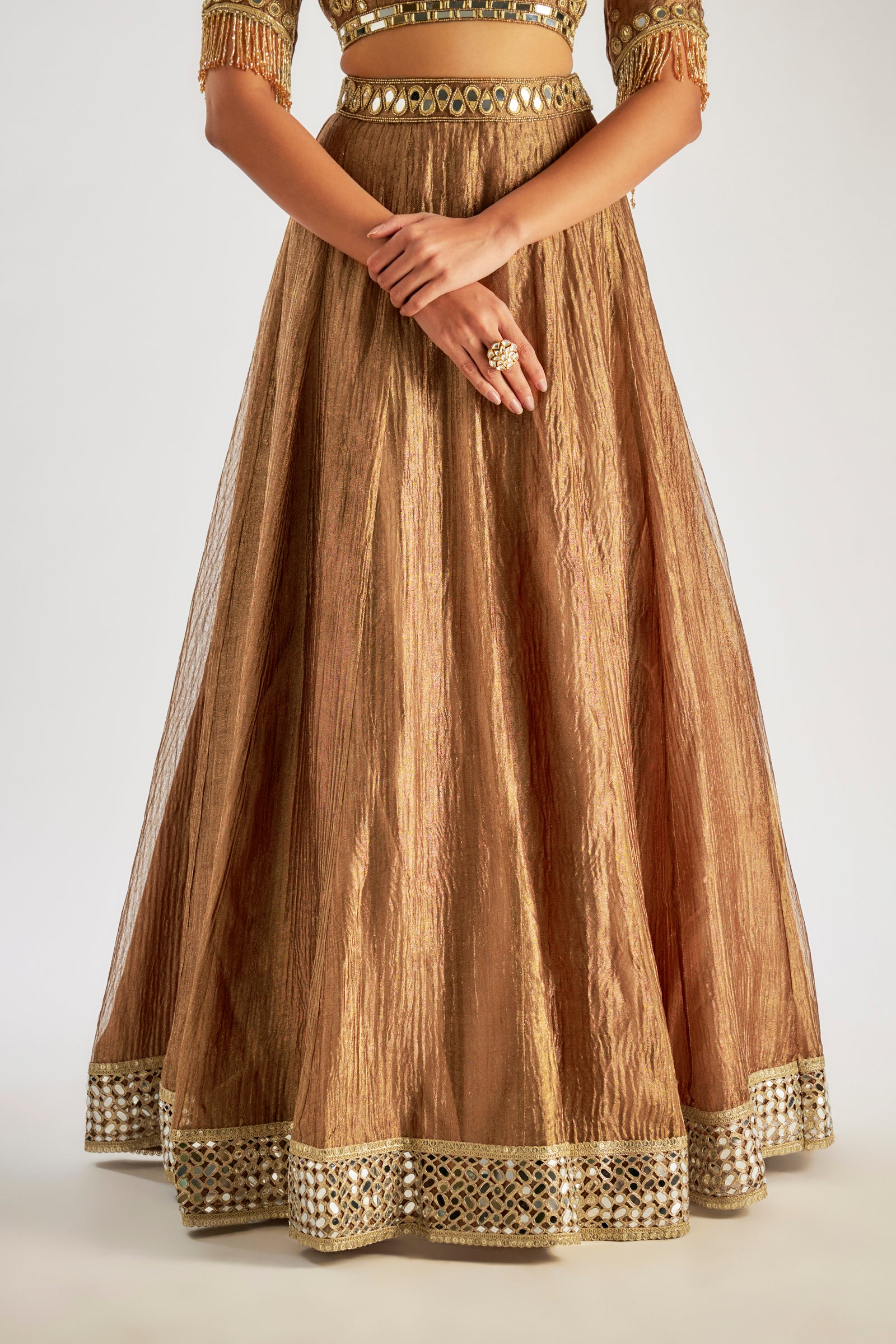 Gold Lehenga In Crushed Silk Tissue Base With Hand Embroidery
