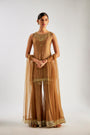 Gold Short Kurta In Crushed Silk Tissue Base With Glass Beads And Sequins Hand Embroidery
