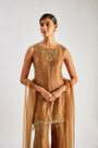 Gold Short Kurta In Crushed Silk Tissue Base With Glass Beads And Sequins Hand Embroidery