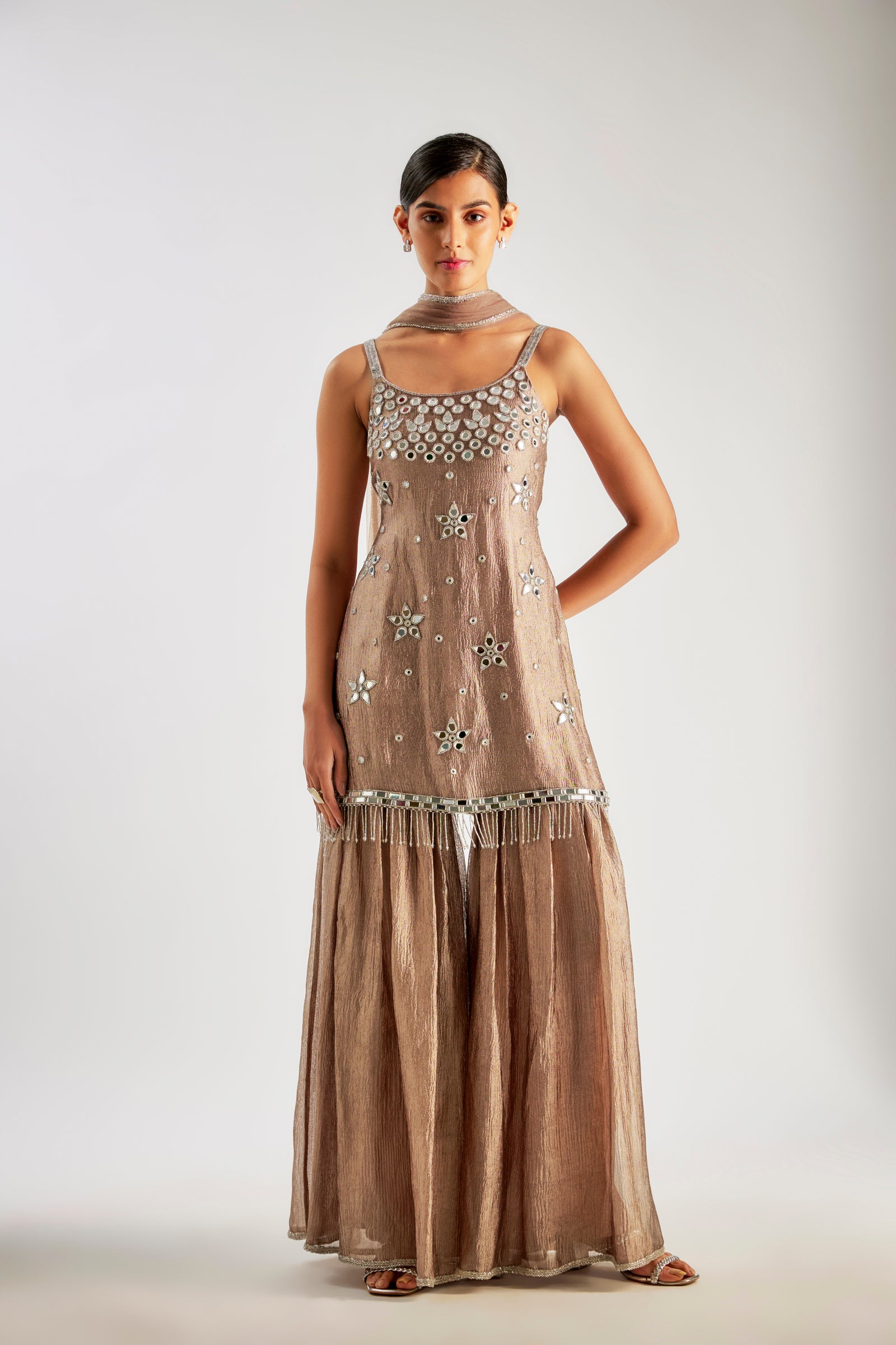 Bronze Short Kurta In Crushed Silk Tissue Base With Glass Beads And Sequins Hand Embroidery