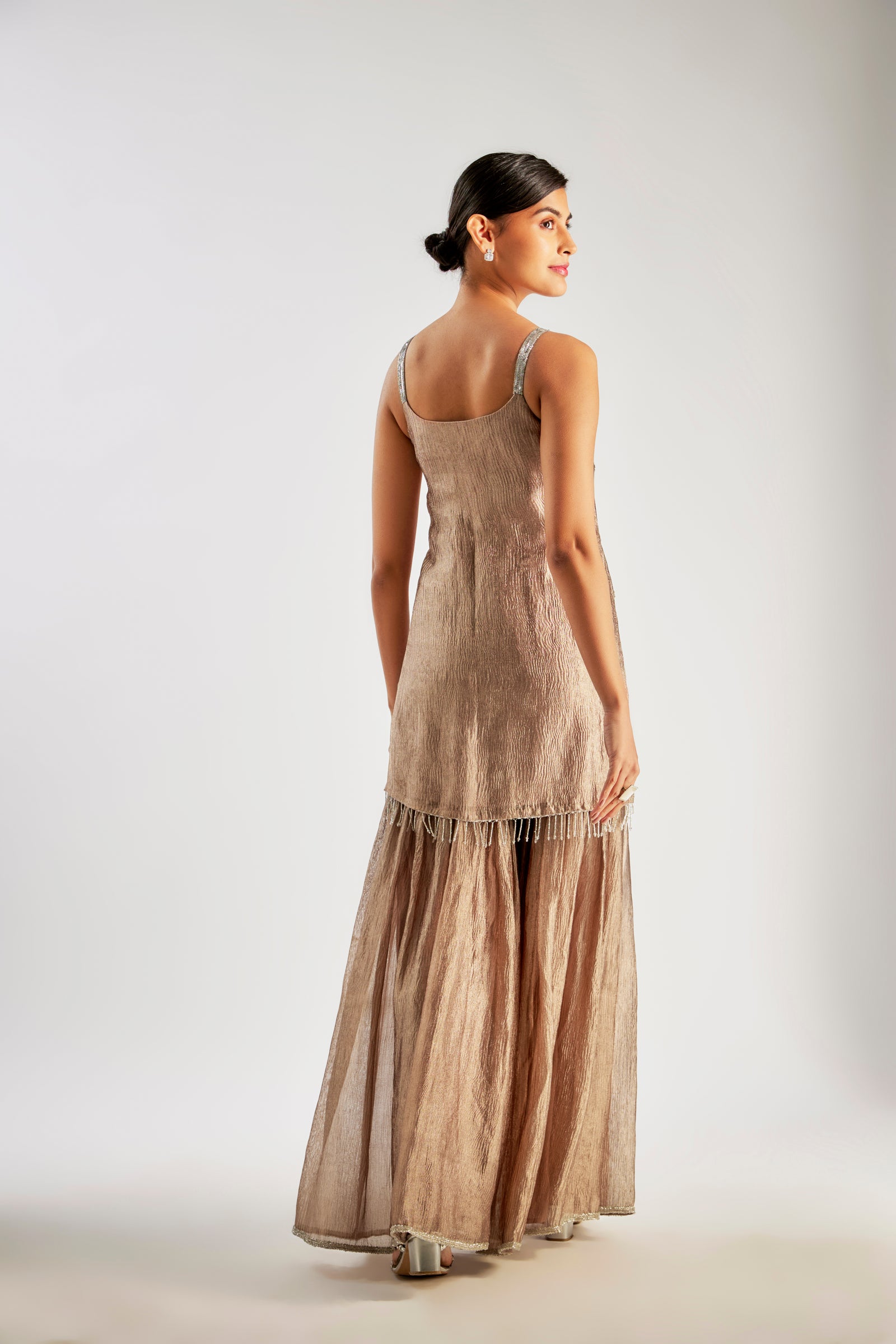 Bronze Short Kurta In Crushed Silk Tissue Base With Glass Beads And Sequins Hand Embroidery