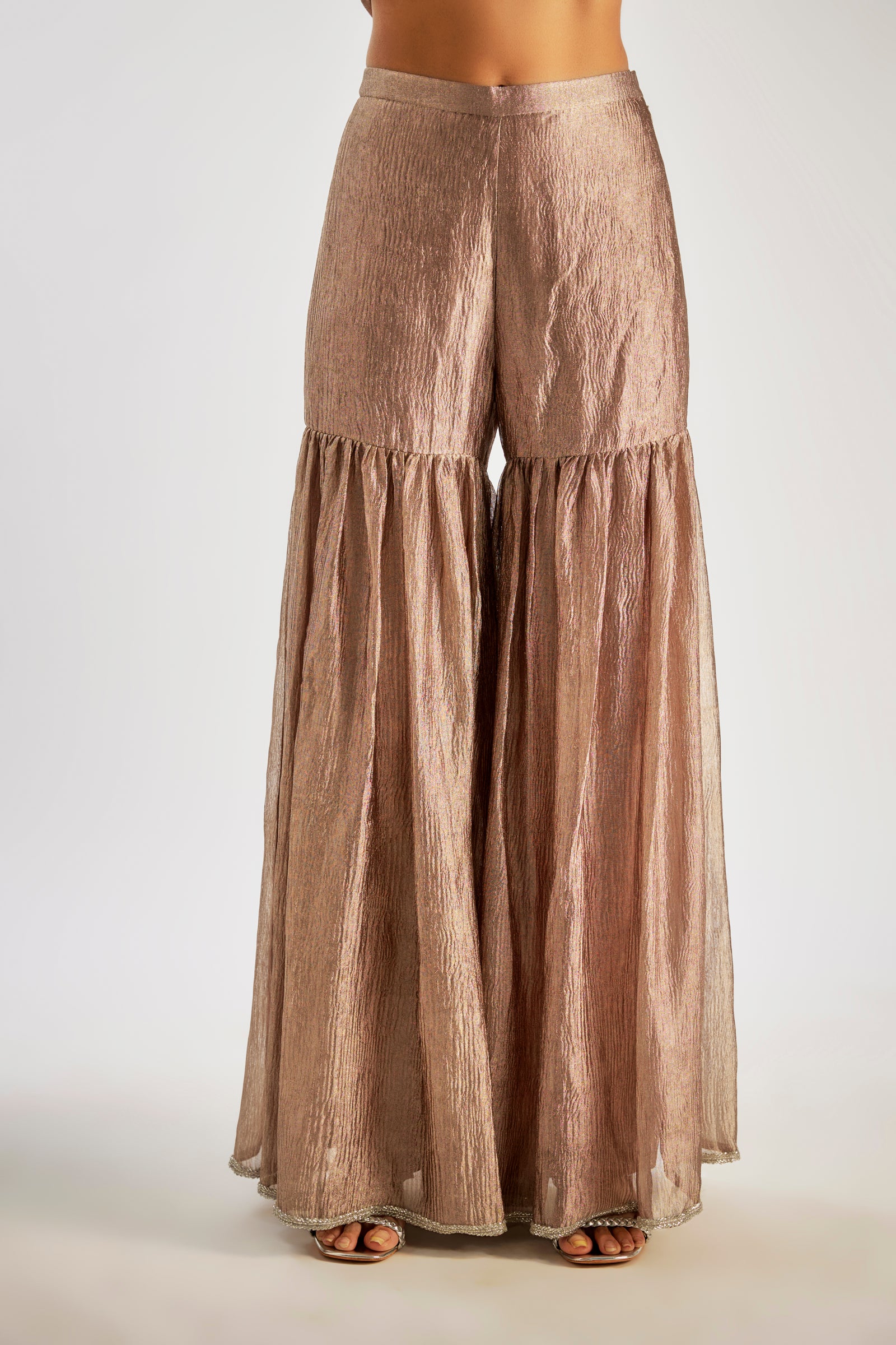 Bronze Short Kurta In Crushed Silk Tissue Base With Glass Beads And Sequins Hand Embroidery