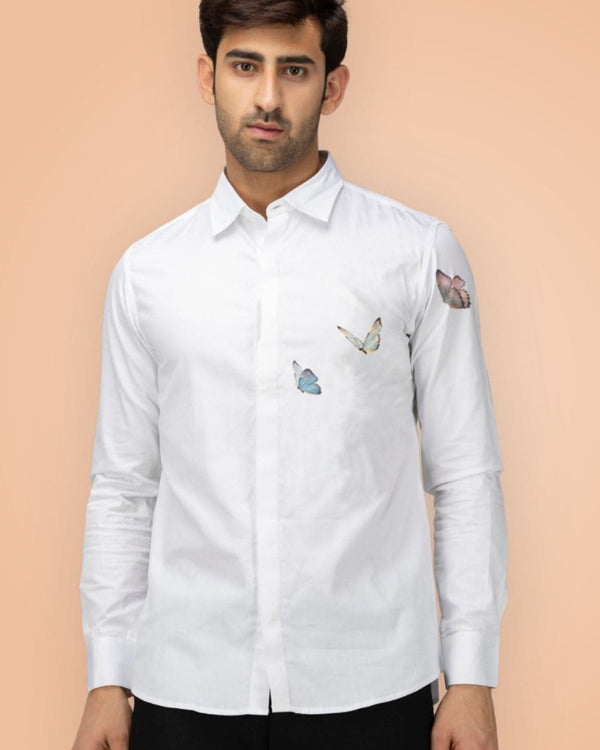 Butterflies Printed Hidden Placket White Shirt