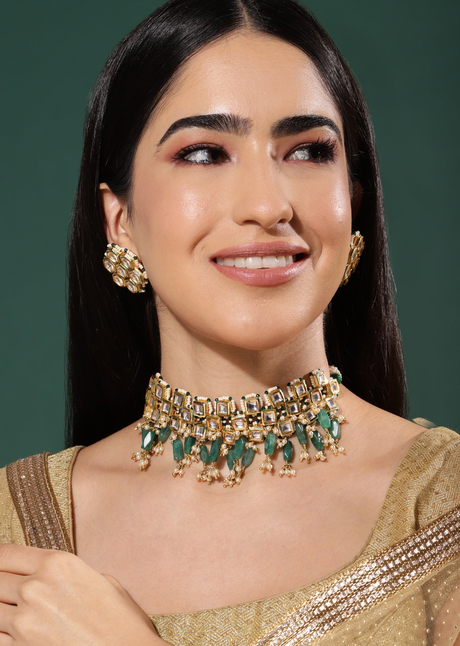 Square kundankari choker 
with green beads (set with earrings)