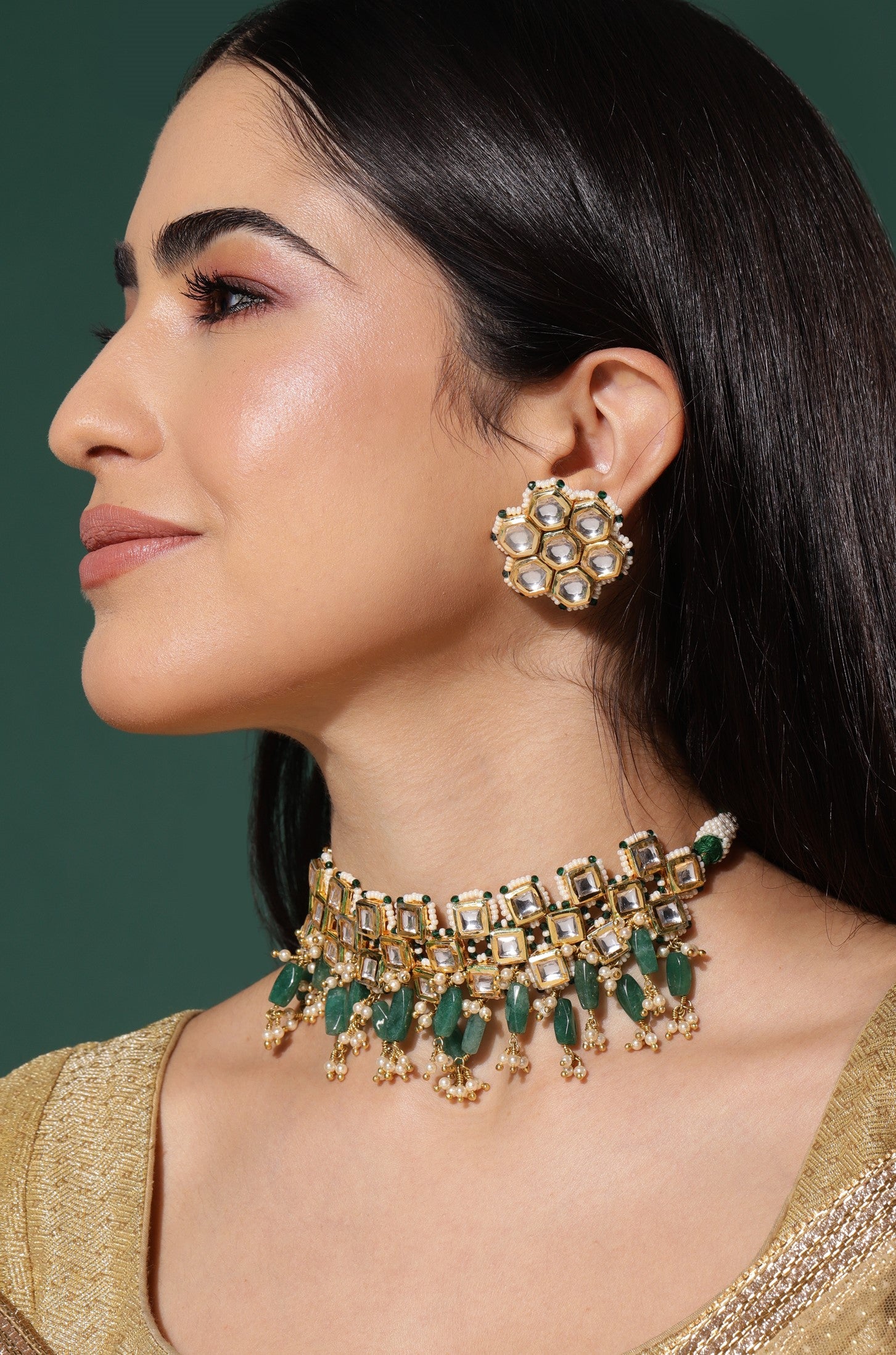 Square kundankari choker 
with green beads (set with earrings)