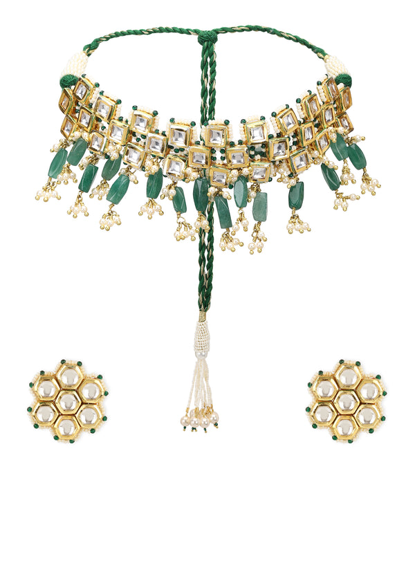 Square kundankari choker 
with green beads (set with earrings)