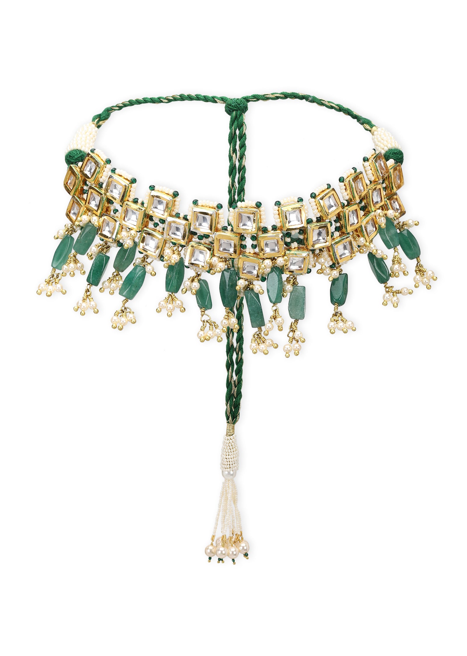 Square kundankari choker 
with green beads (set with earrings)