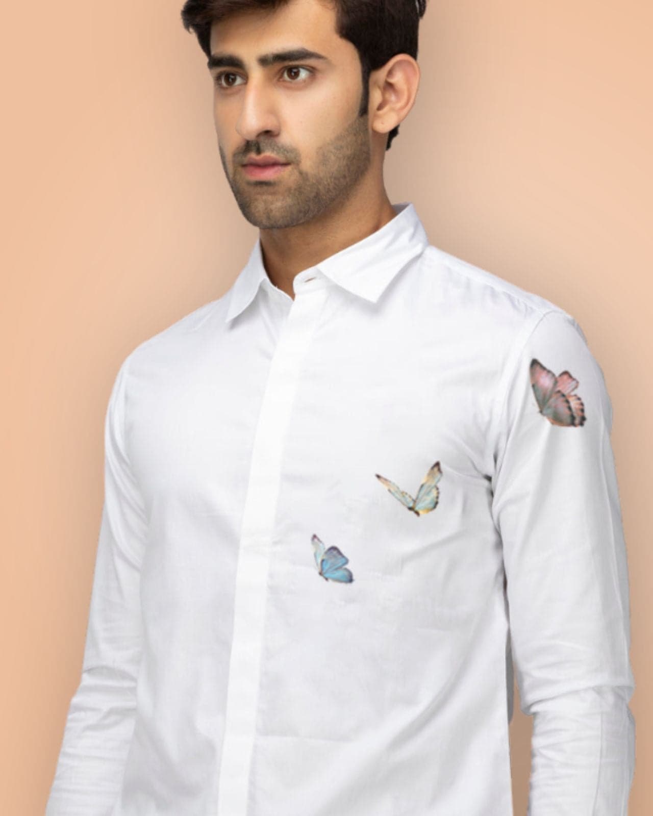 Butterflies Printed Hidden Placket White Shirt