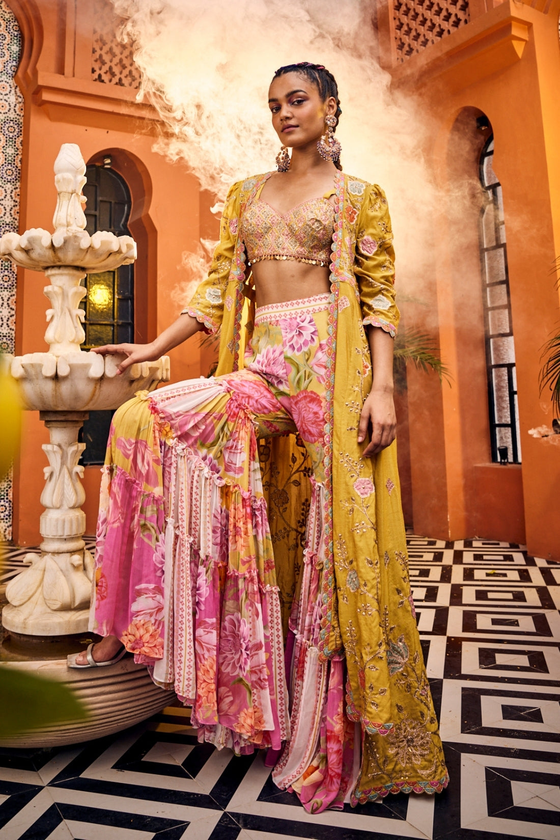 An Elegant Mustard-Colored Jacket Featuring Intricate Applique Embroidery