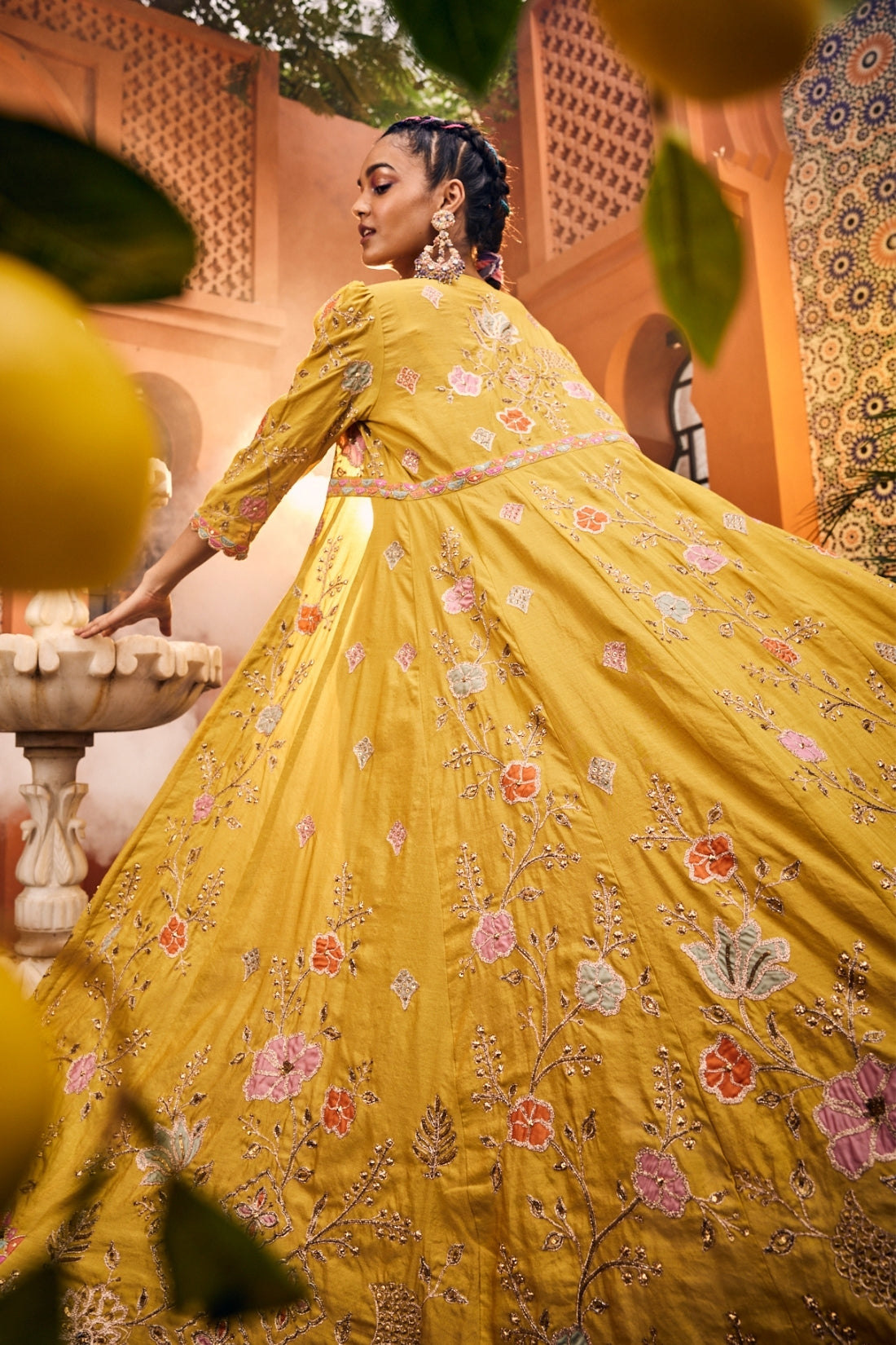 An Elegant Mustard-Colored Jacket Featuring Intricate Applique Embroidery
