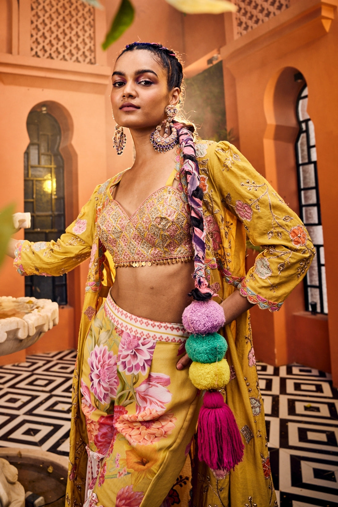 An Elegant Mustard-Colored Jacket Featuring Intricate Applique Embroidery