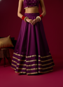 Brinjal Violet Russian Silk Satin Lehenga with Velvet Blouse Set