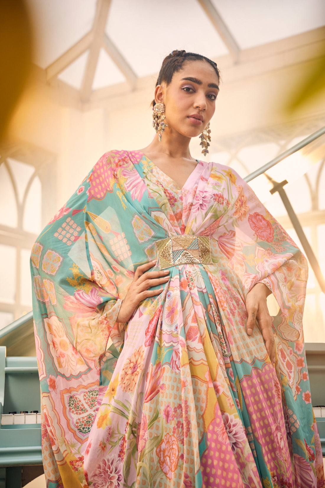 The Ensemble Features A Stunning Turquoise Blue Kaftan Set
