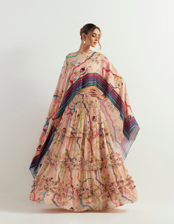 Eclectic printed dupatta cape with inner paired with  printed skirt