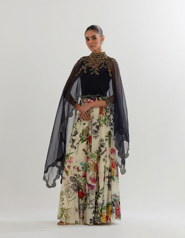 Organza dupatta cape paired with stretch inner and botanical printed sharara