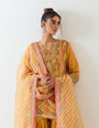 Mustard yellow sharara set in exquisite hand embroidery and tie dye dupatta