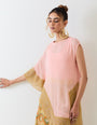 Pale pink muqaish georgette asymetric cape paired with organza cross stitch embroidered sharara pants