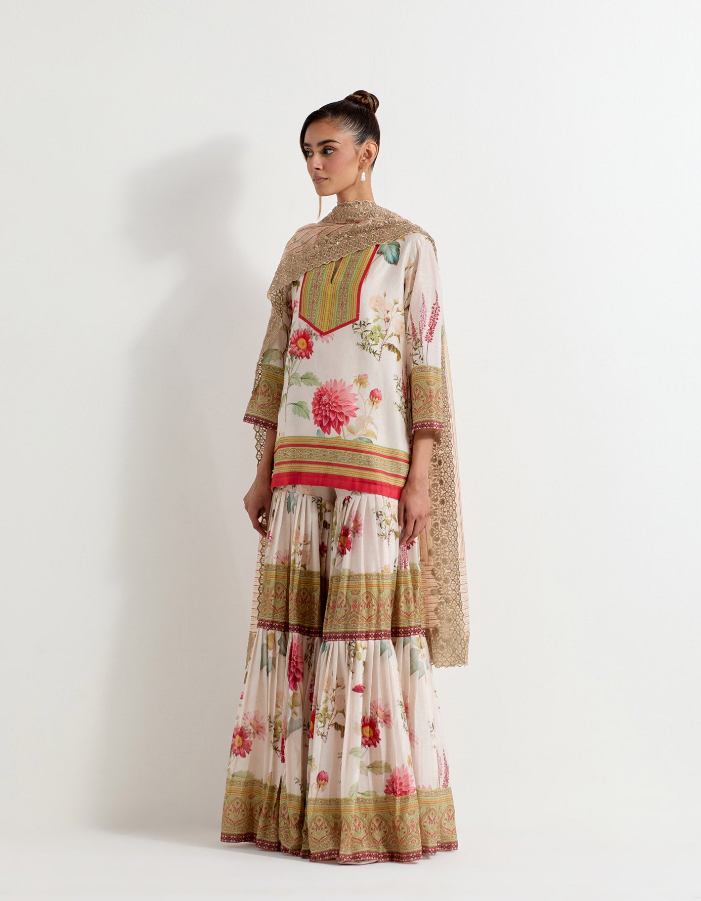 Chanderi silk daisy printed sharara set paired with  textured dupatta