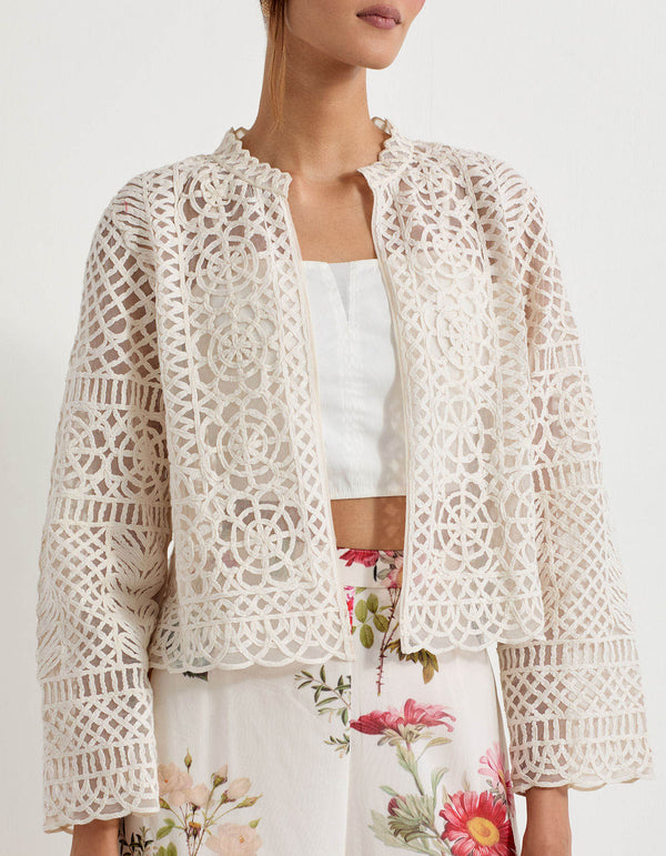 Mesh lattice work embroidered jacket paired with stretch bustier and and daisy printed tiered sharara