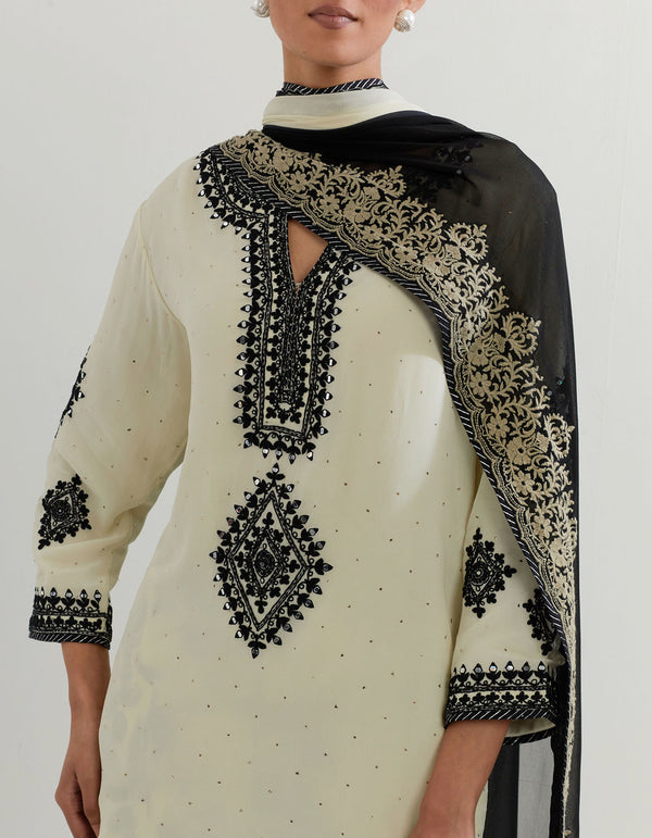 Botanical printed sharara paired with embroidered kurti and dupatta