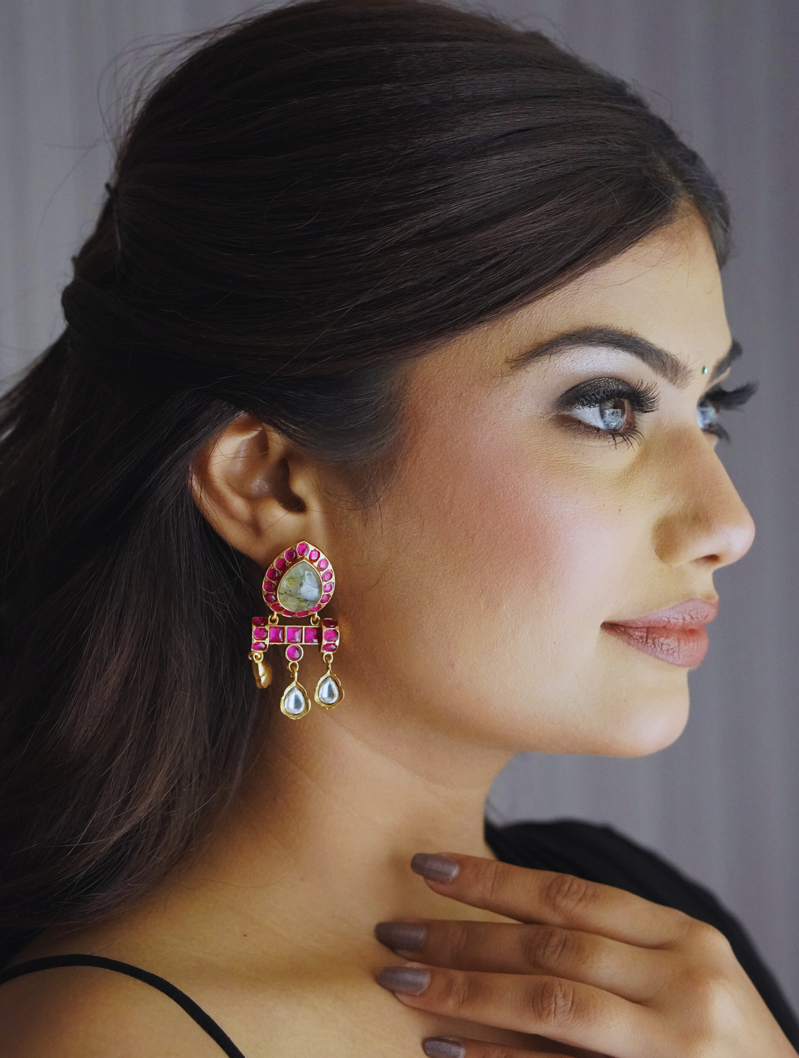 Moonstone And Ruby Earrings With Gold Plated Earring