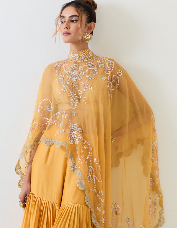 Organza asymetric cape embellished with m.o.p paired with pleated chanderi sharara and stretch inner