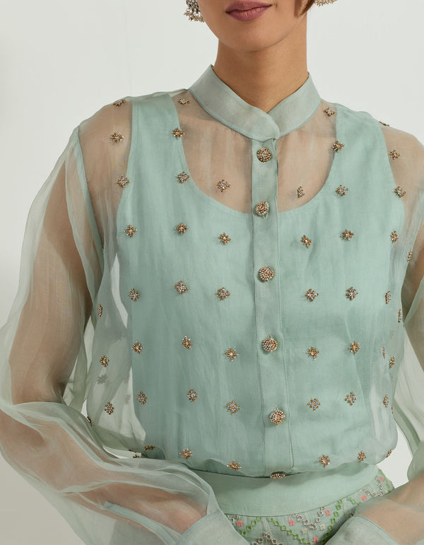 Organza hand embellished shirt with inner paired with organza peony motif cross stitch embroidered sharara