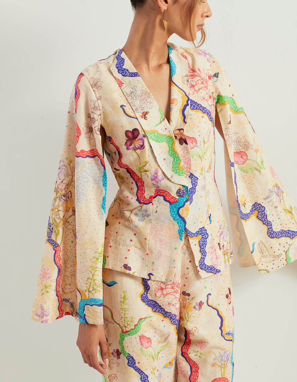 Eclectic chanderi silk printed jacket and pants