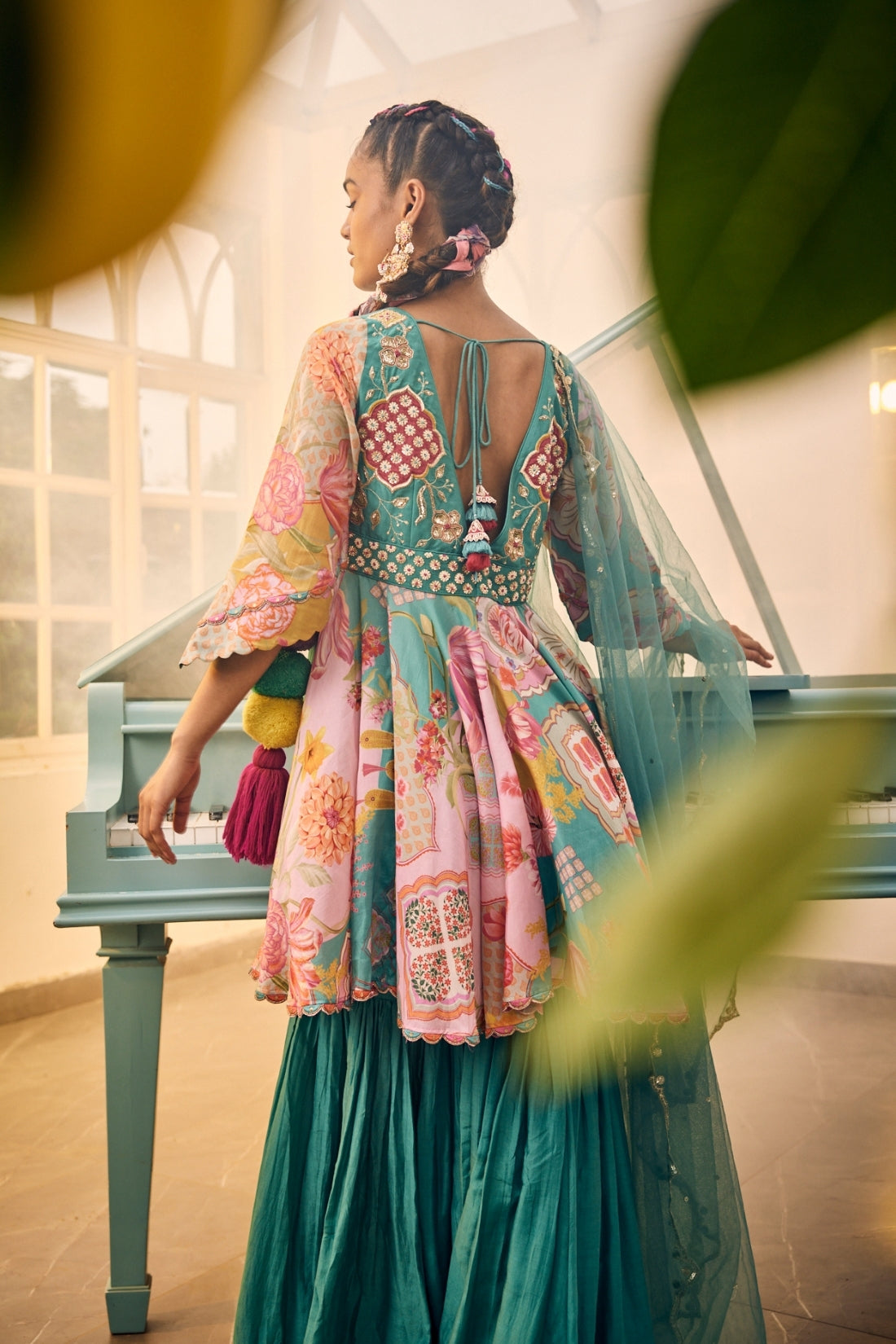 Turquoise Blue Multi-Print Patchwork Peplum Set