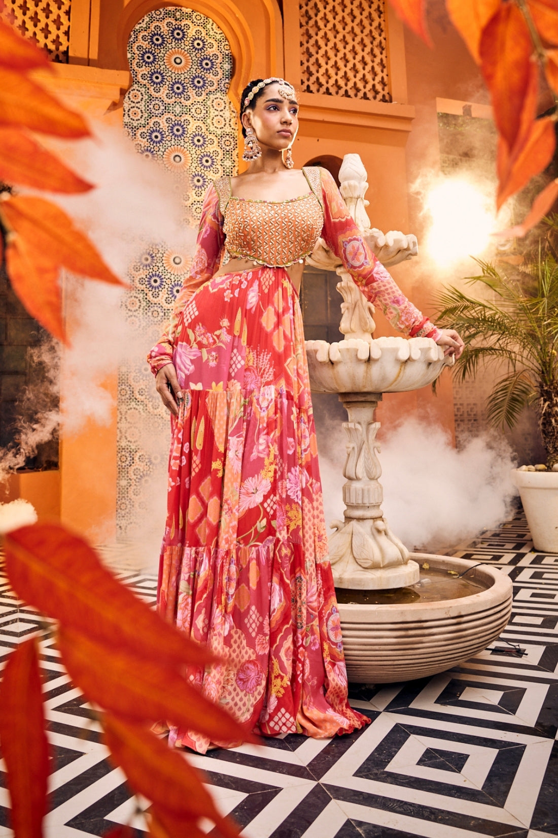 Red Multi-Print Layered Side-Cut Anarkali Dress