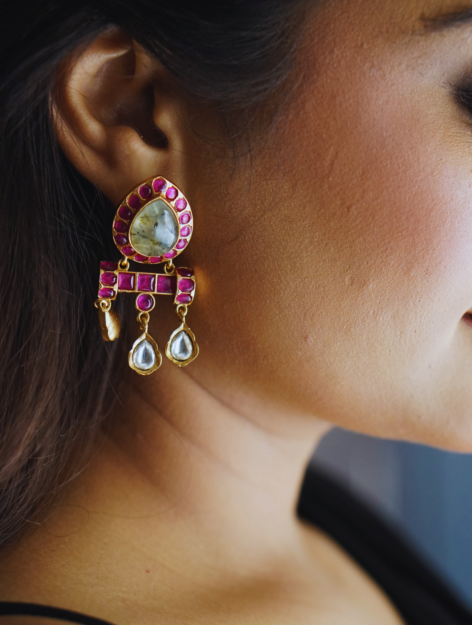 Moonstone And Ruby Earrings With Gold Plated Earring