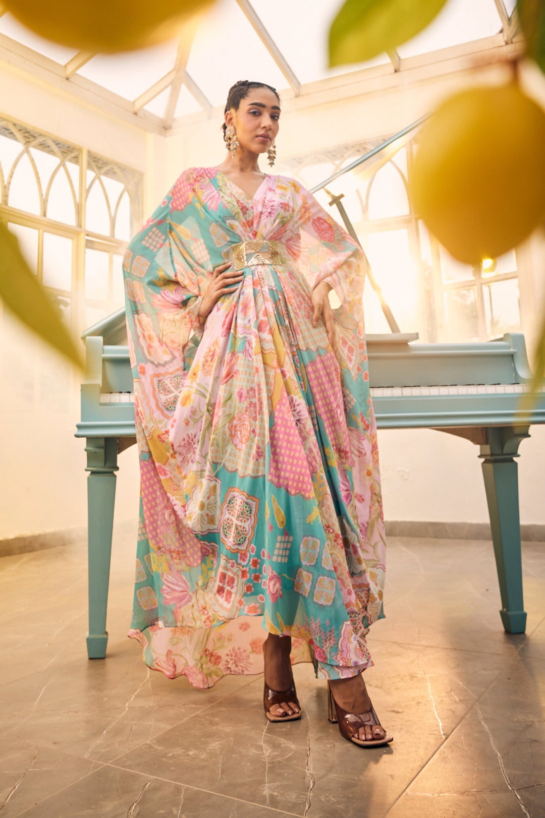The Ensemble Features A Stunning Turquoise Blue Kaftan Set