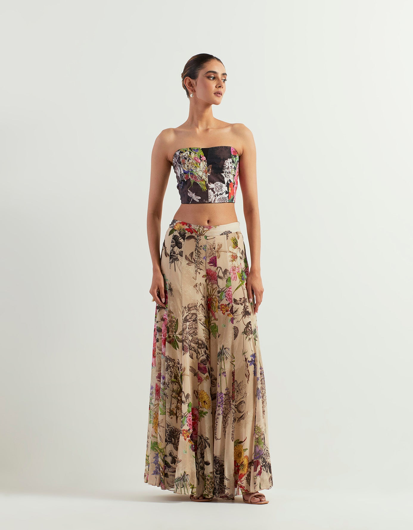 Organza botanical printed skirt paired with stretch inner and chanderi silk cape