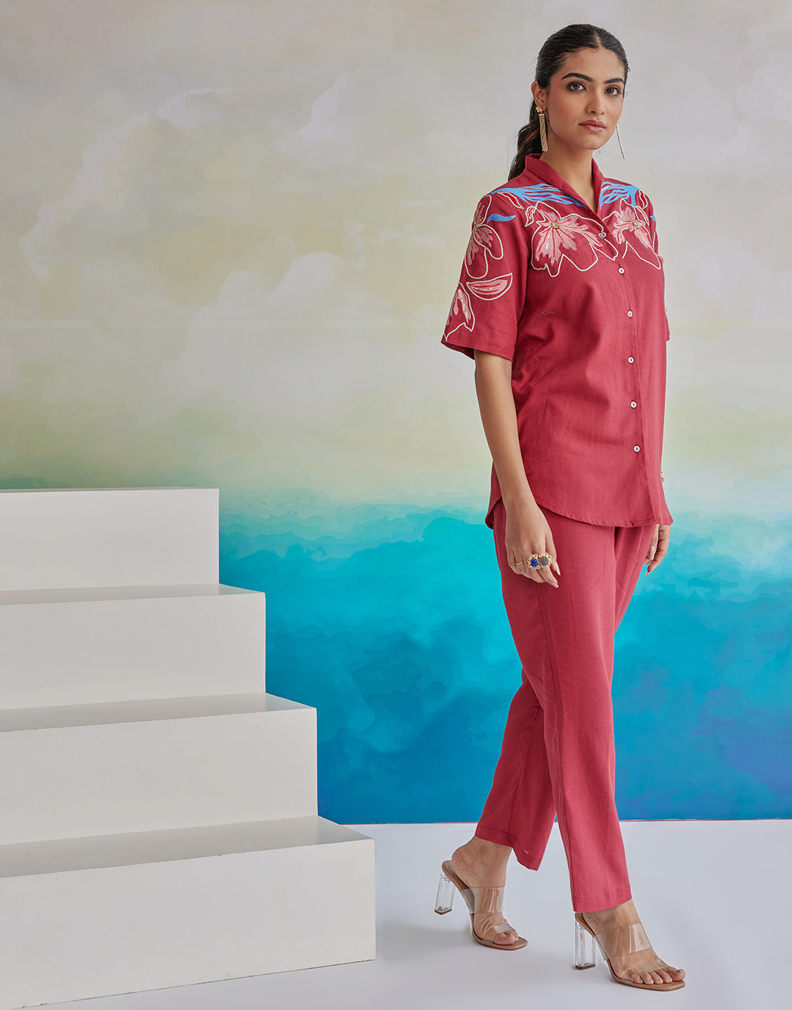 Red Floral Twist Thread Embroidery Work Viscose Flex Tunic Shirt And Pant Co-ord Set