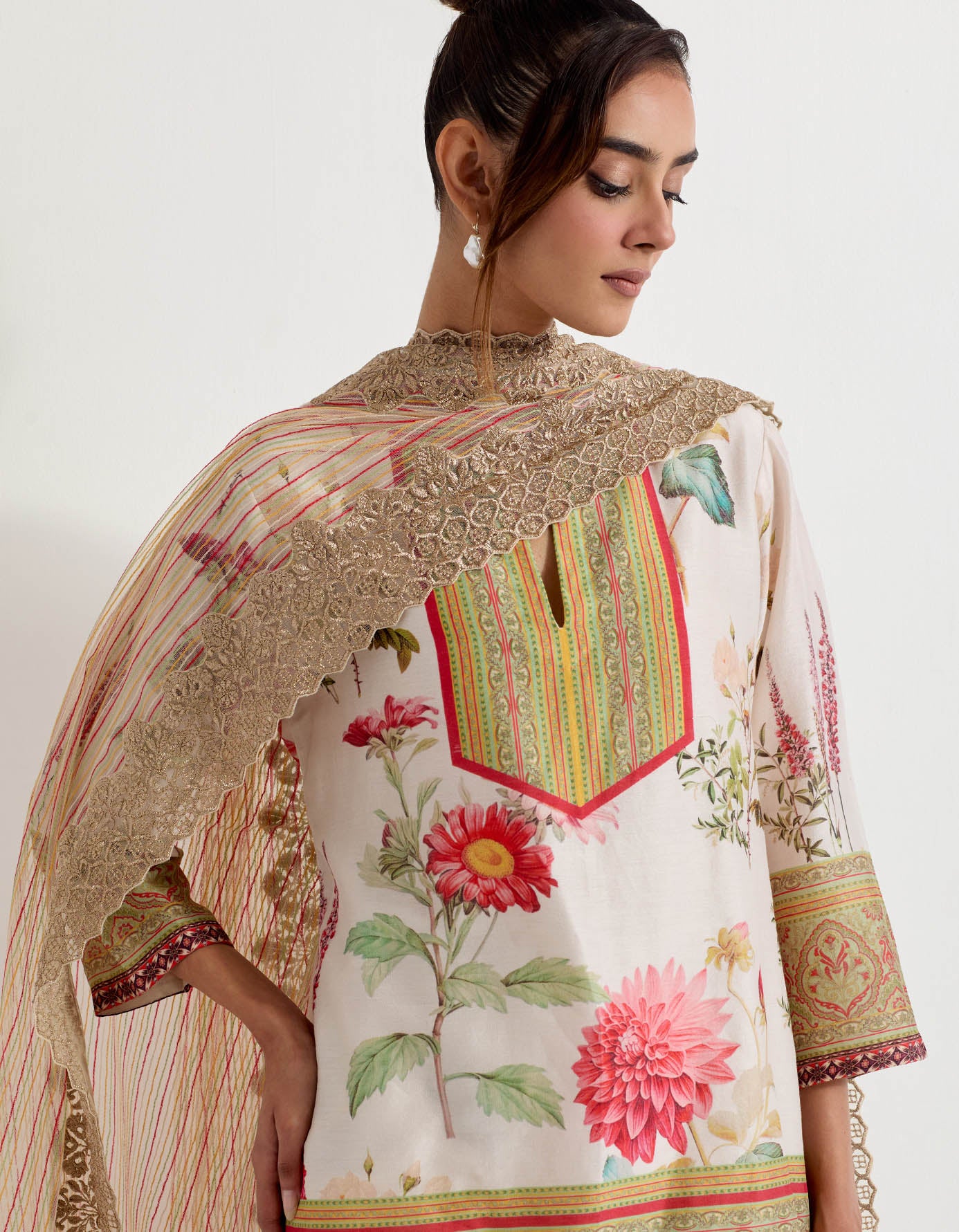 Chanderi silk daisy printed sharara set paired with  textured dupatta