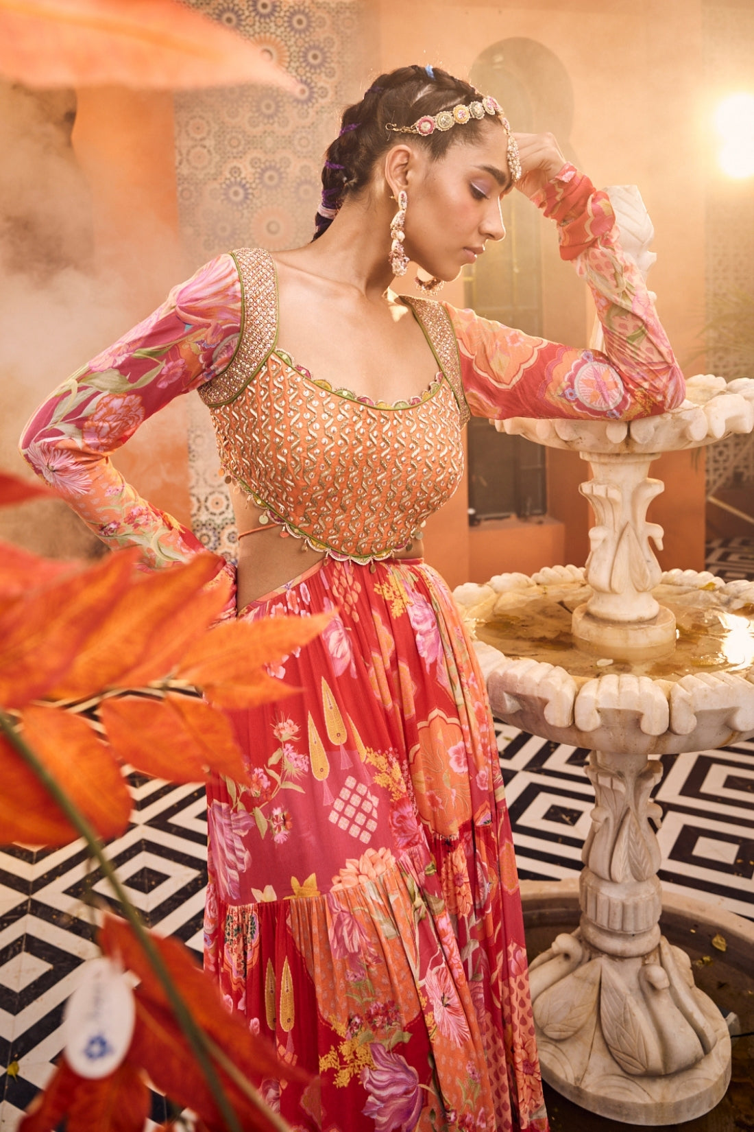Red Multi-Print Layered Side-Cut Anarkali Dress