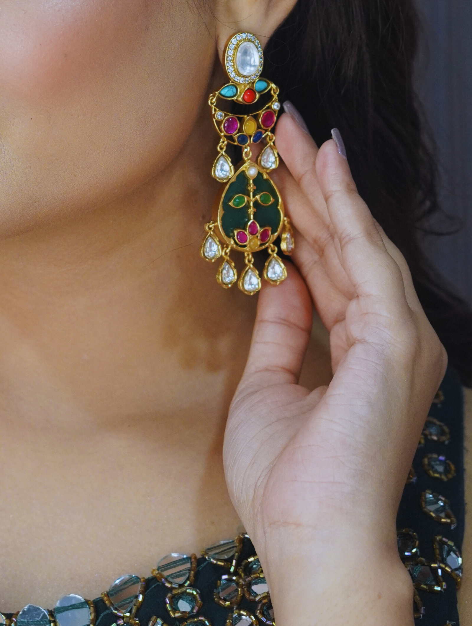 Moissanite Glass Navratna Earrings