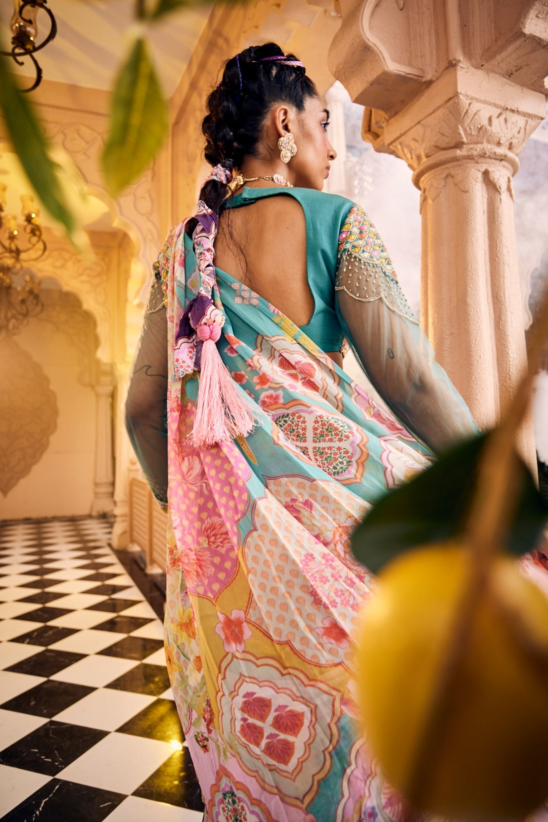 Turquoise Blue Multi-Print Fish-Cut Pre-Drape Saree Set