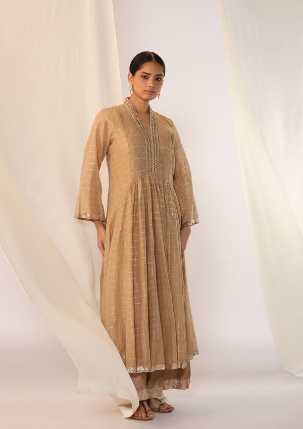 Checks Kurta With A Smocked Neck  With Wide-Leg Pants