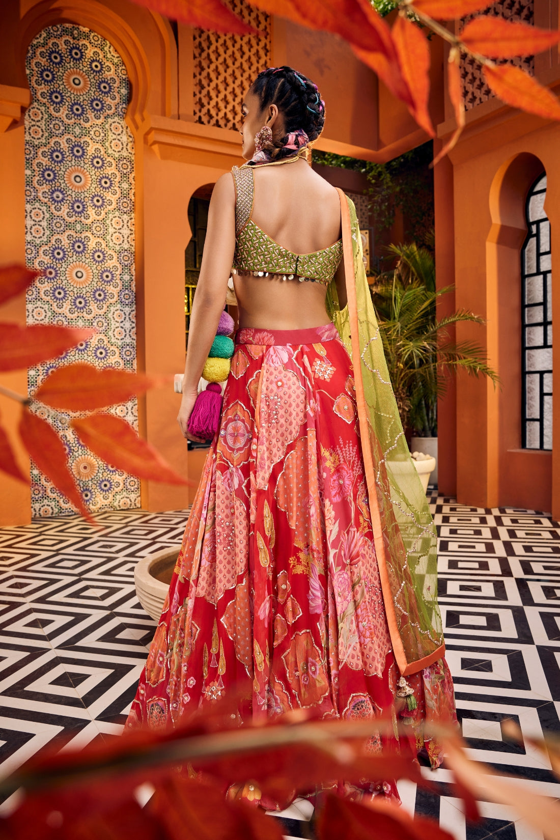 Stunning Red Multi-Printed Heavy Embroidered Lehenga Set
