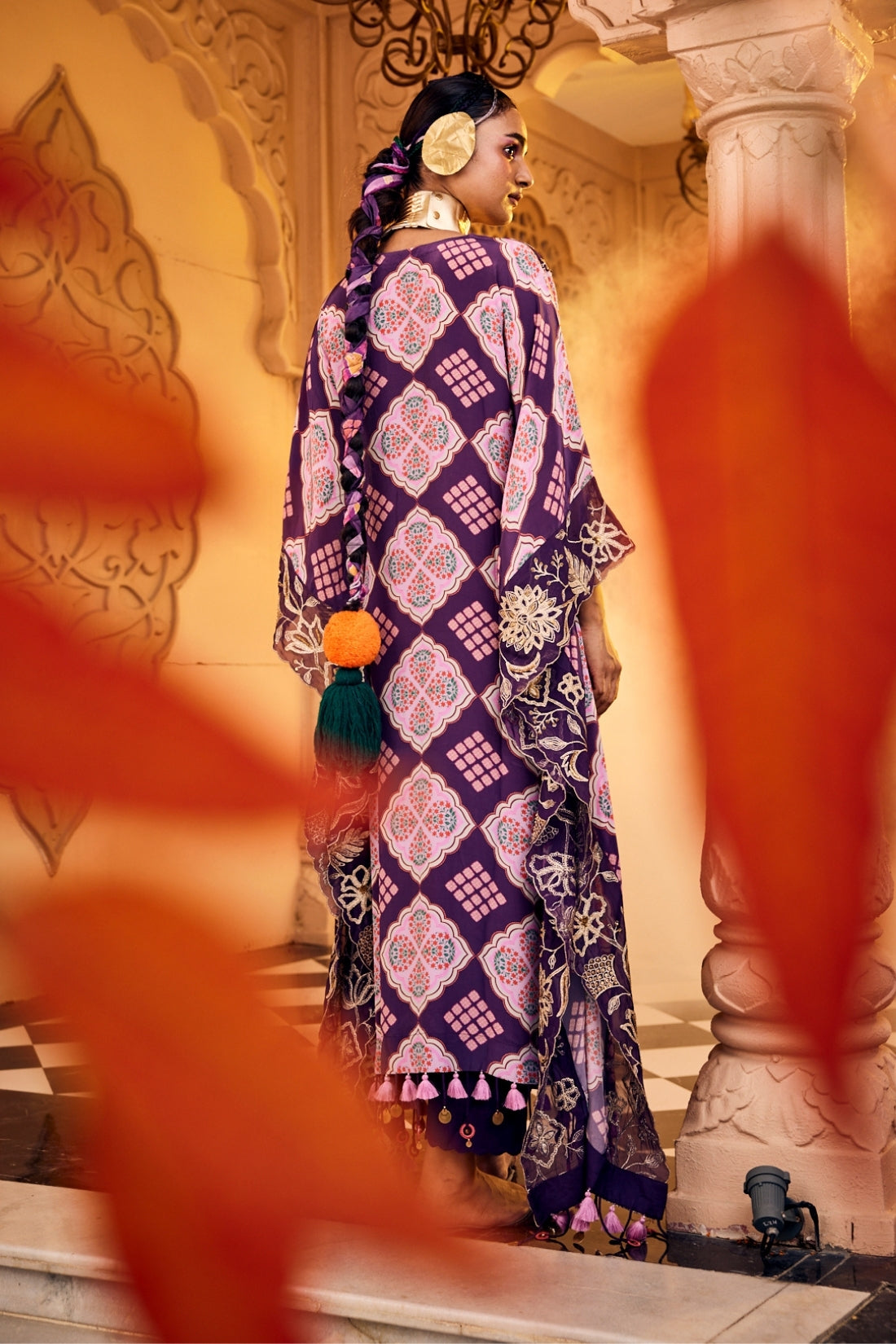 Purple Printed Kaftan Set Featuring A Hand-Embroidered Patch On The Neckline