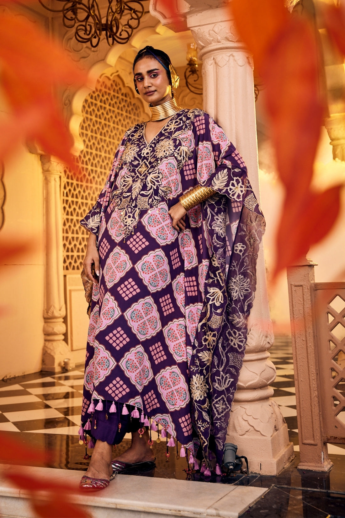 Purple Printed Kaftan Set Featuring A Hand-Embroidered Patch On The Neckline