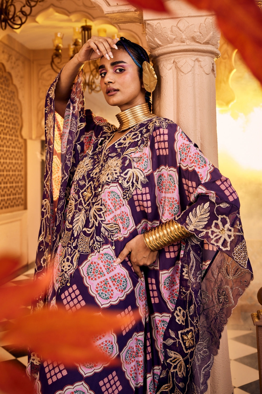 Purple Printed Kaftan Set Featuring A Hand-Embroidered Patch On The Neckline