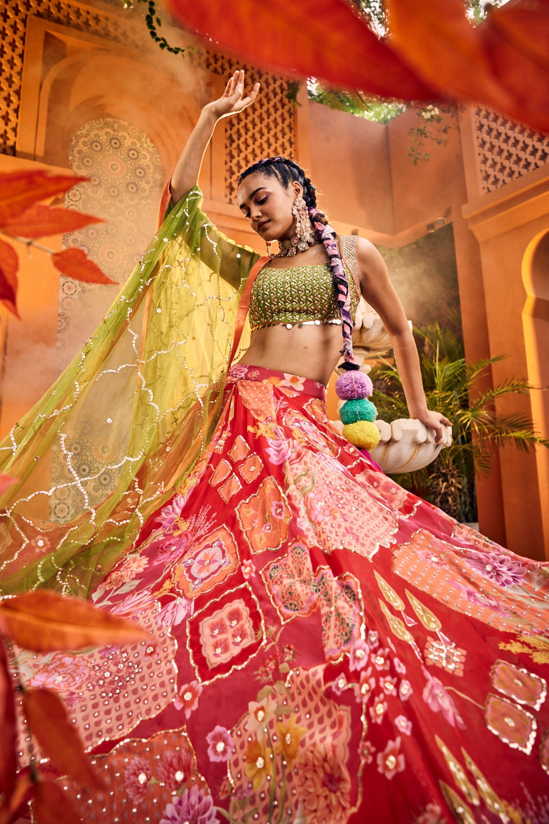 Stunning Red Multi-Printed Heavy Embroidered Lehenga Set