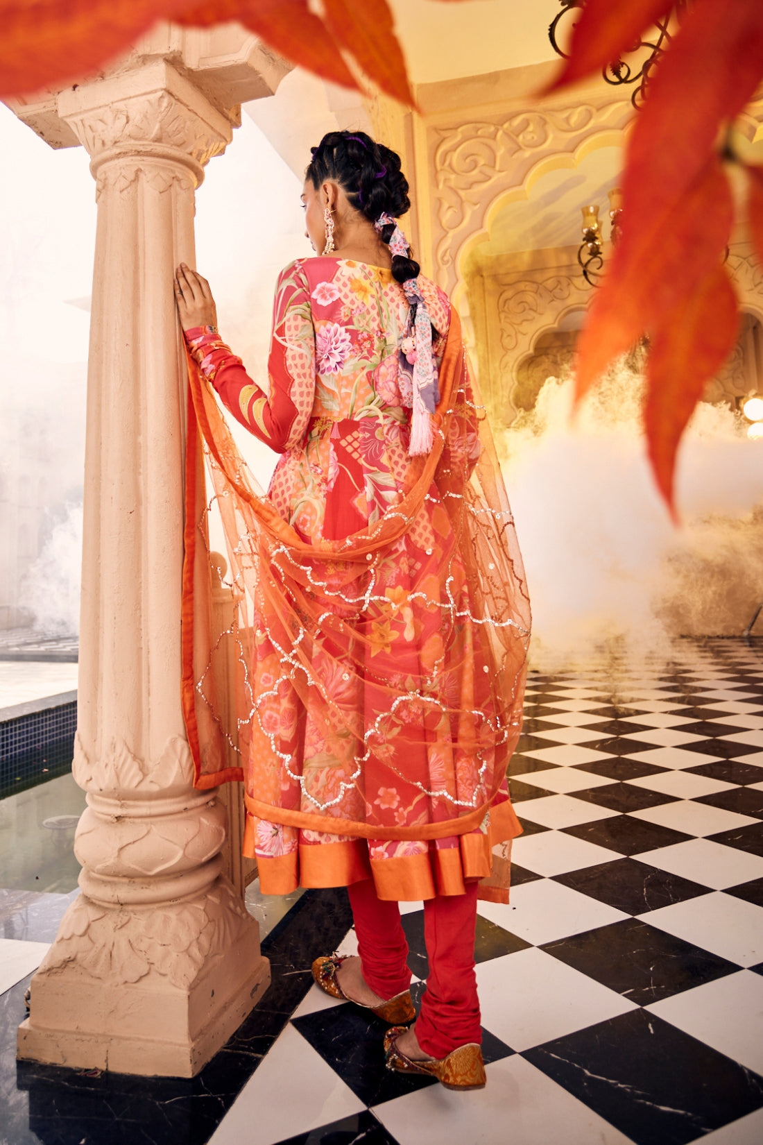 Red Multi-Printed Anarkali Featuring Intricate Kangdi Work On The Neckline