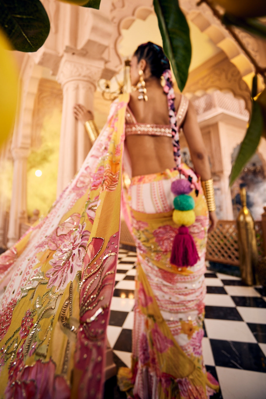 Multi-Printed, Embroidered Pre-Draped Saree Set