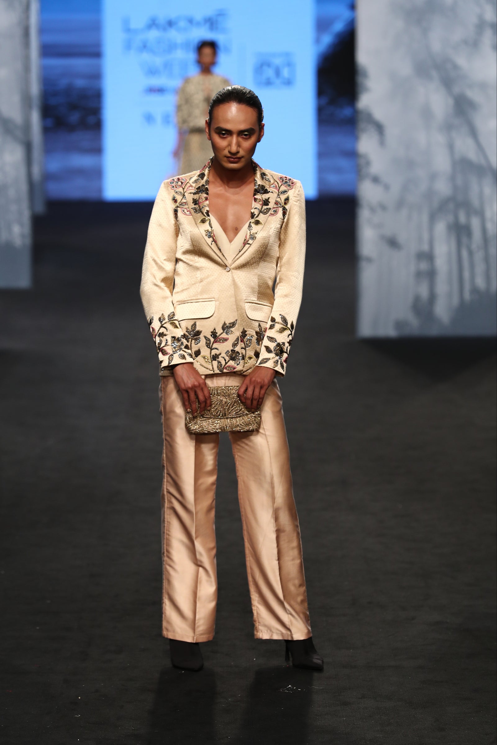 Beige embellished jacket with pants