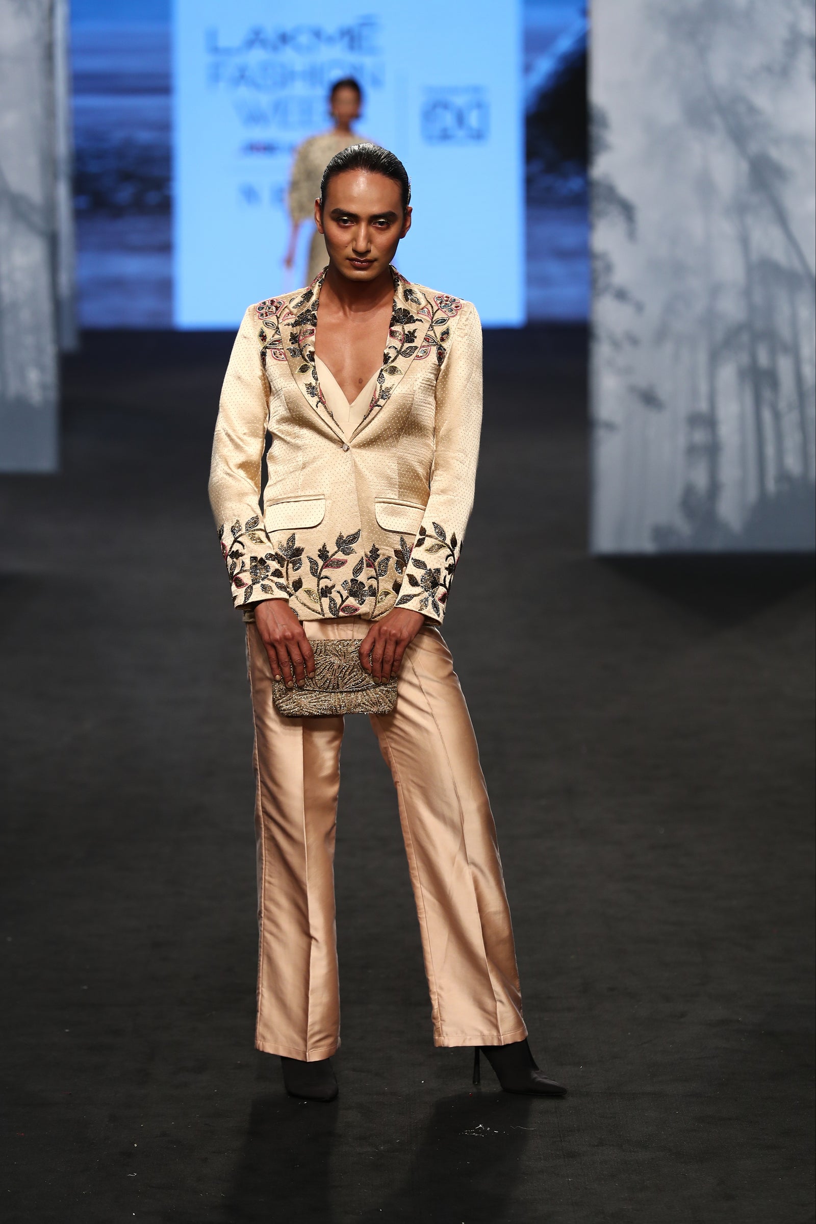 Beige embellished jacket with pants