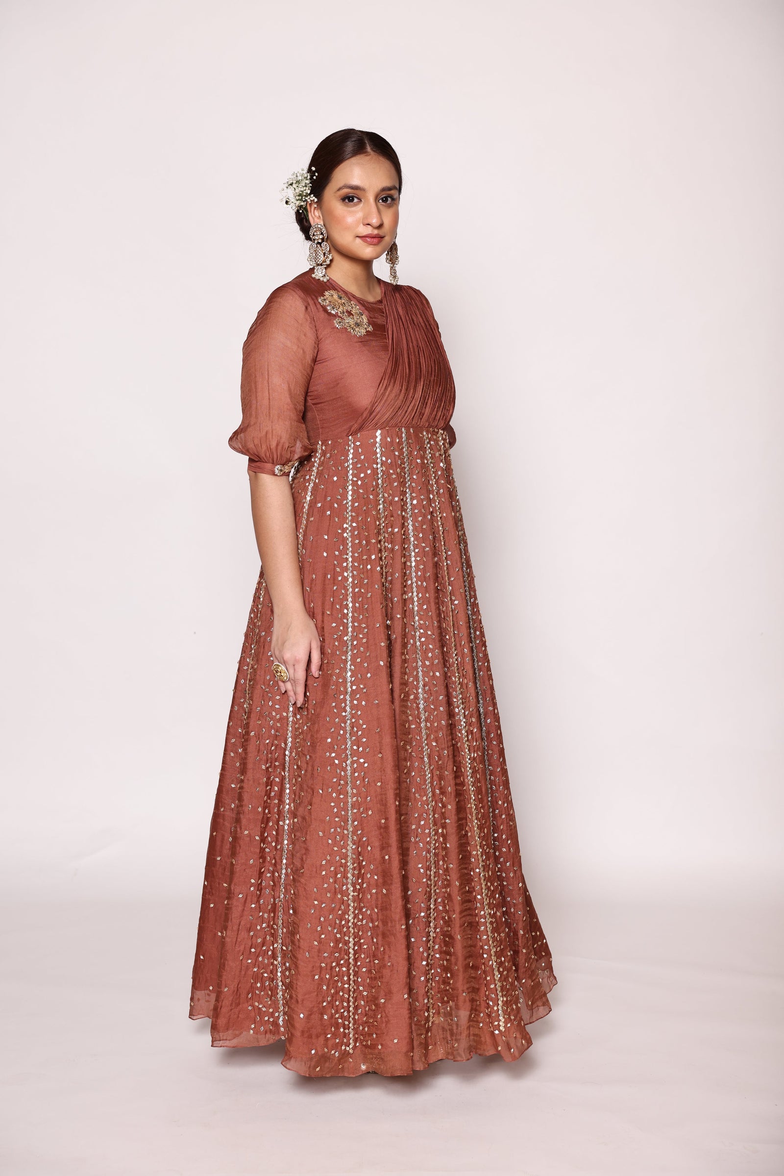 Floor Length Panneled  Dress With Front Drape